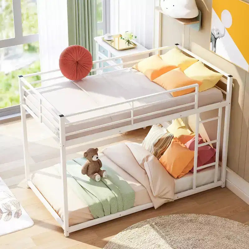White Twin-Over-Twin Metal Bunk Bed with Ladder, 2-Person