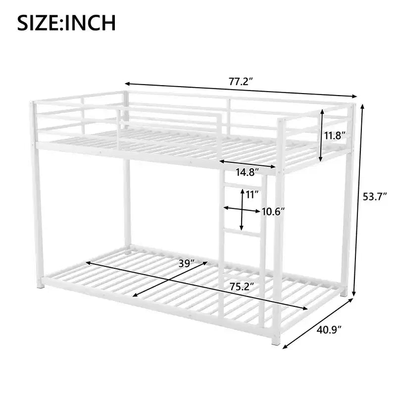 White Twin-Over-Twin Metal Bunk Bed with Ladder, 2-Person