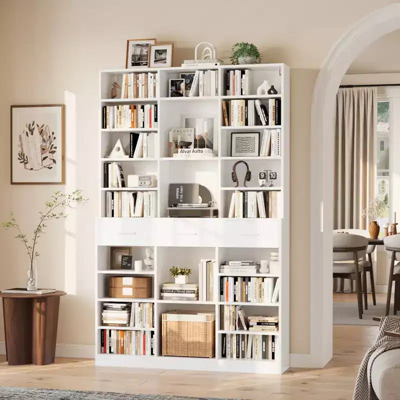 Black/White 9-Tier Bookcase with 3 Drawers, Adjustable Shelves