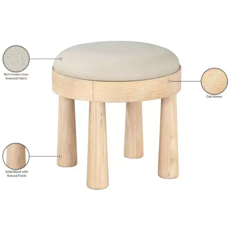 Brown / Cream / Olive Linen Round Ottoman, Seats 1