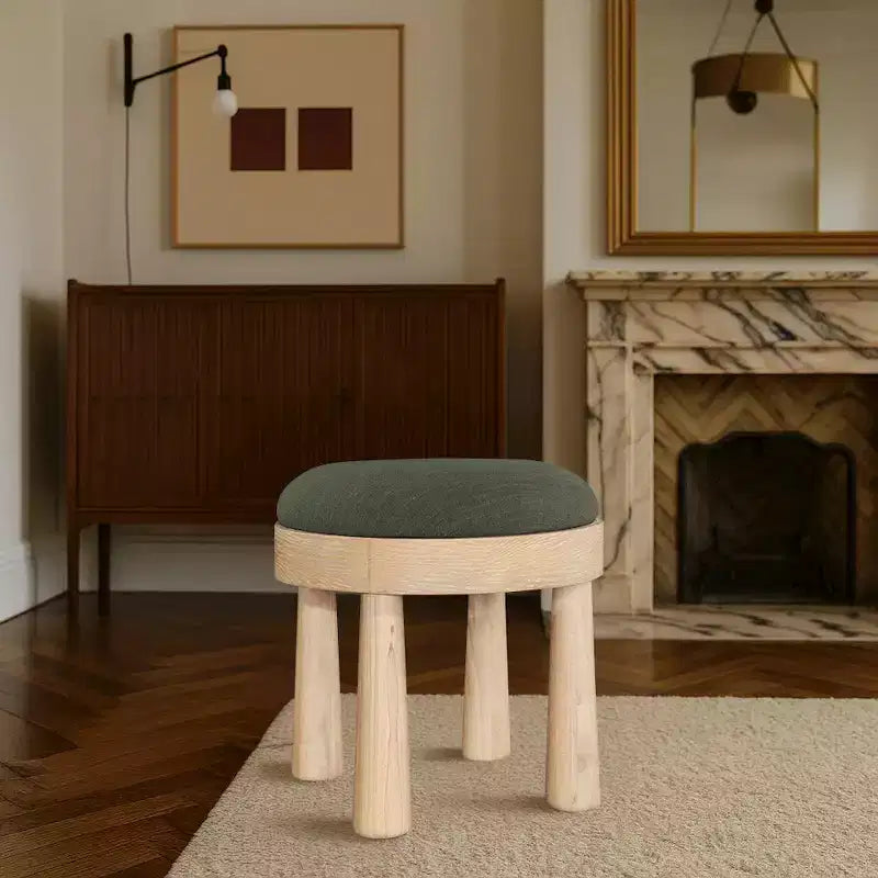 Brown / Cream / Olive Linen Round Ottoman, Seats 1