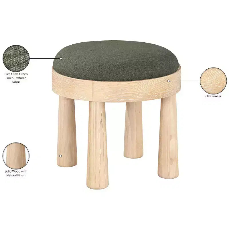 Brown / Cream / Olive Linen Round Ottoman, Seats 1