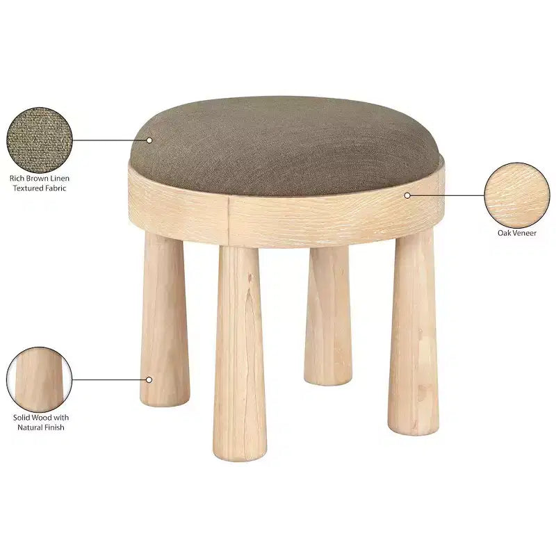 Brown / Cream / Olive Linen Round Ottoman, Seats 1