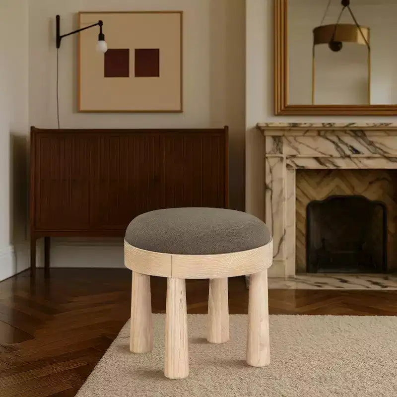 Brown / Cream / Olive Linen Round Ottoman, Seats 1