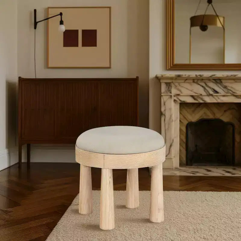 Brown / Cream / Olive Linen Round Ottoman, Seats 1