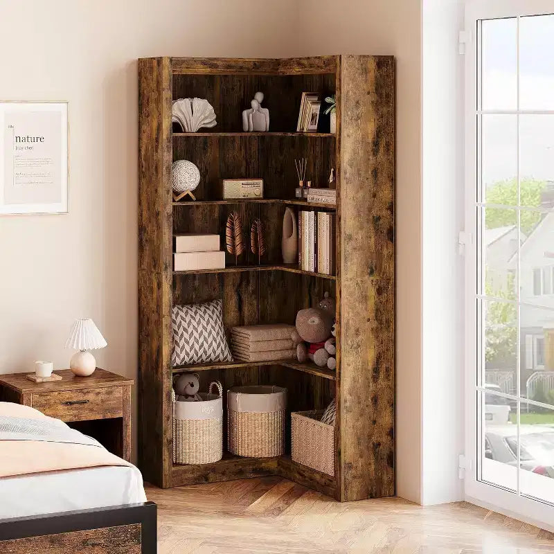 5-Tier L-Shaped Corner Bookshelf, Black / Brown / Natural / White, 71.8"H
