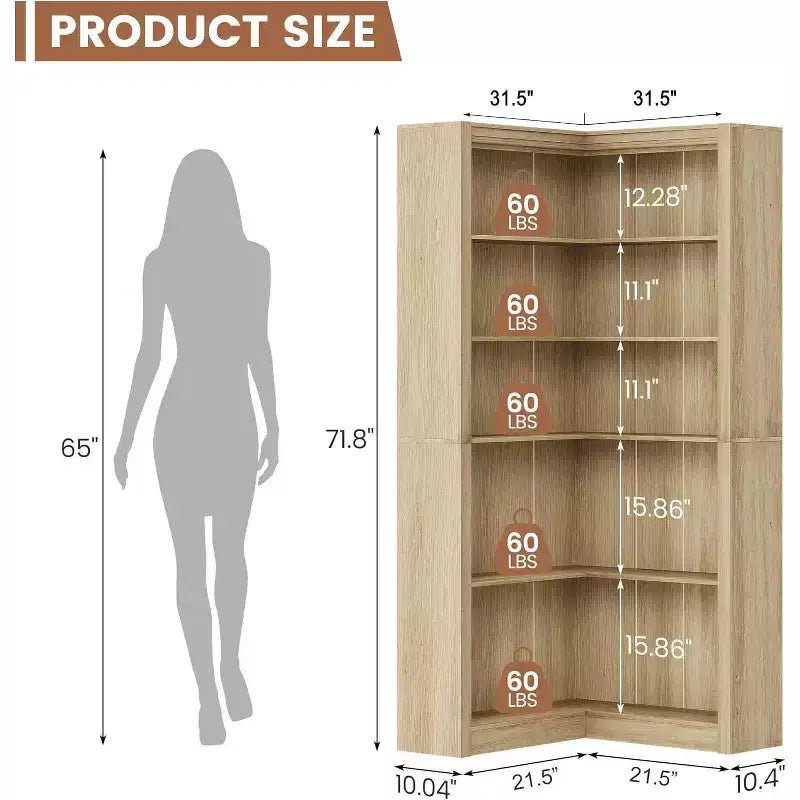 5-Tier L-Shaped Corner Bookshelf, Black / Brown / Natural / White, 71.8"H