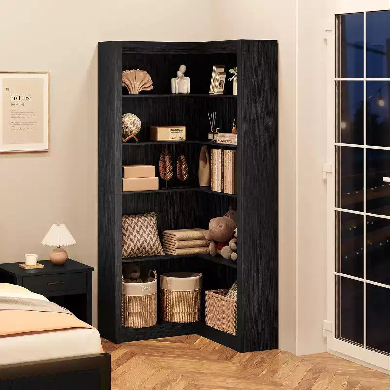 5-Tier L-Shaped Corner Bookshelf, Black / Brown / Natural / White, 71.8"H