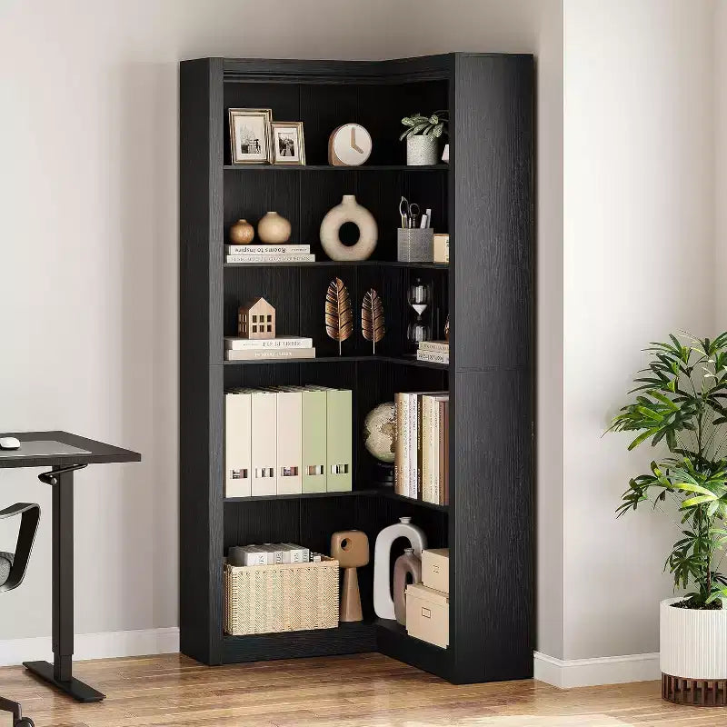 5-Tier L-Shaped Corner Bookshelf, Black / Brown / Natural / White, 71.8"H