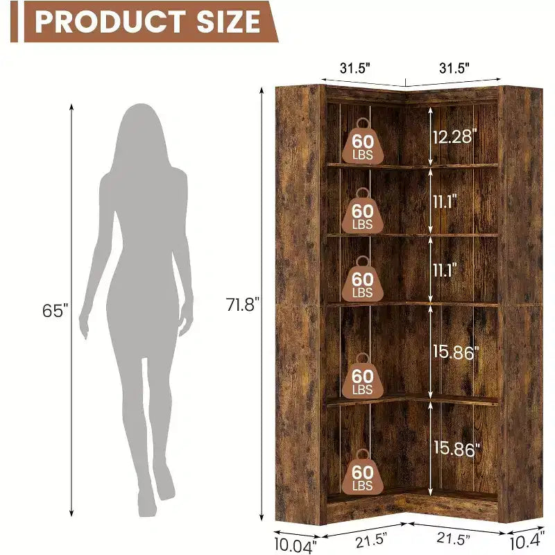 5-Tier L-Shaped Corner Bookshelf, Black / Brown / Natural / White, 71.8"H