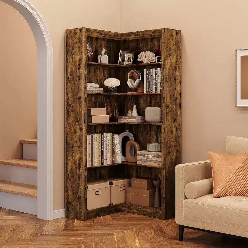 5-Tier L-Shaped Corner Bookshelf, Black / Brown / Natural / White, 71.8"H