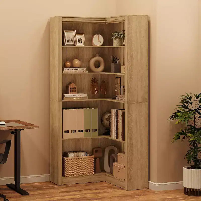 5-Tier L-Shaped Corner Bookshelf, Black / Brown / Natural / White, 71.8"H