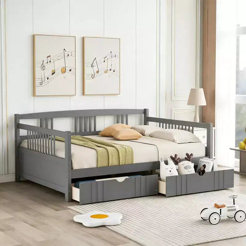 Espresso/Gray/White Full Size Wood Daybed with 2 Drawers, Sofa Bed for 1-2 People