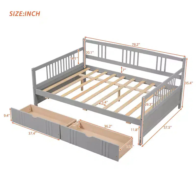 Espresso/Gray/White Full Size Wood Daybed with 2 Drawers, Sofa Bed for 1-2 People