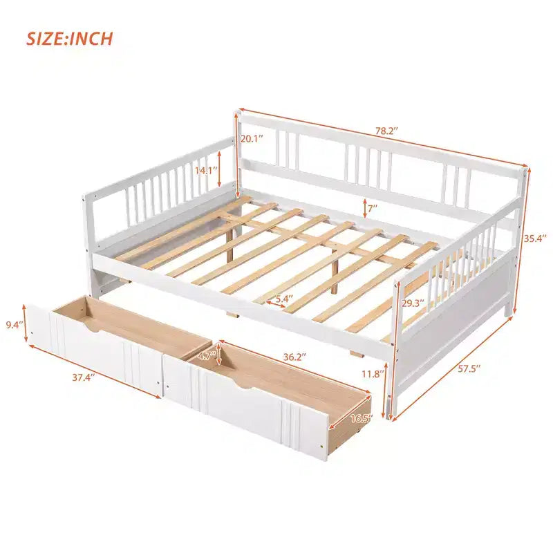 Espresso/Gray/White Full Size Wood Daybed with 2 Drawers, Sofa Bed for 1-2 People