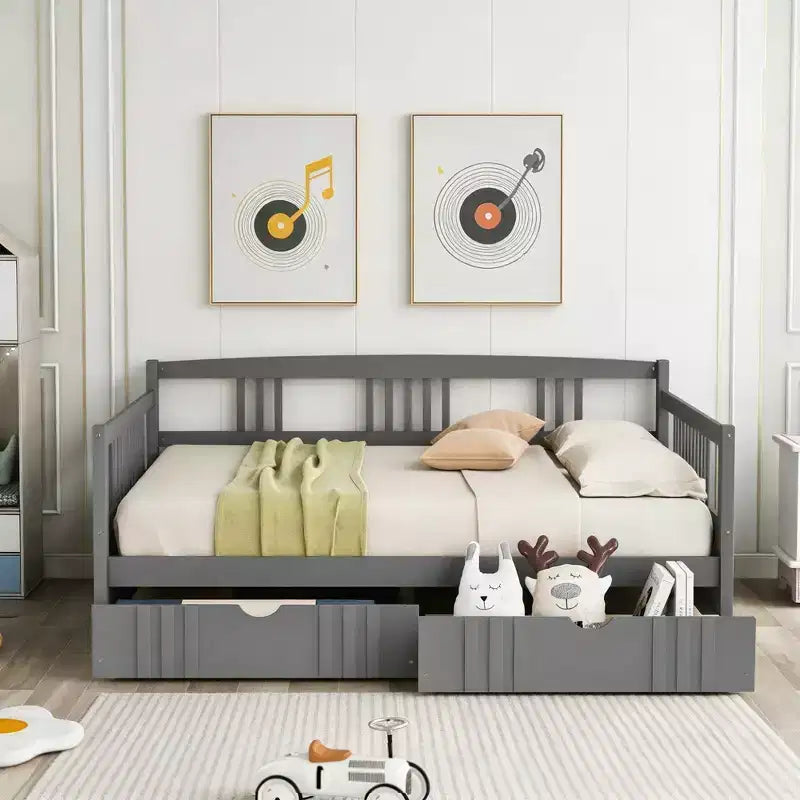 Espresso/Gray/White Full Size Wood Daybed with 2 Drawers, Sofa Bed for 1-2 People