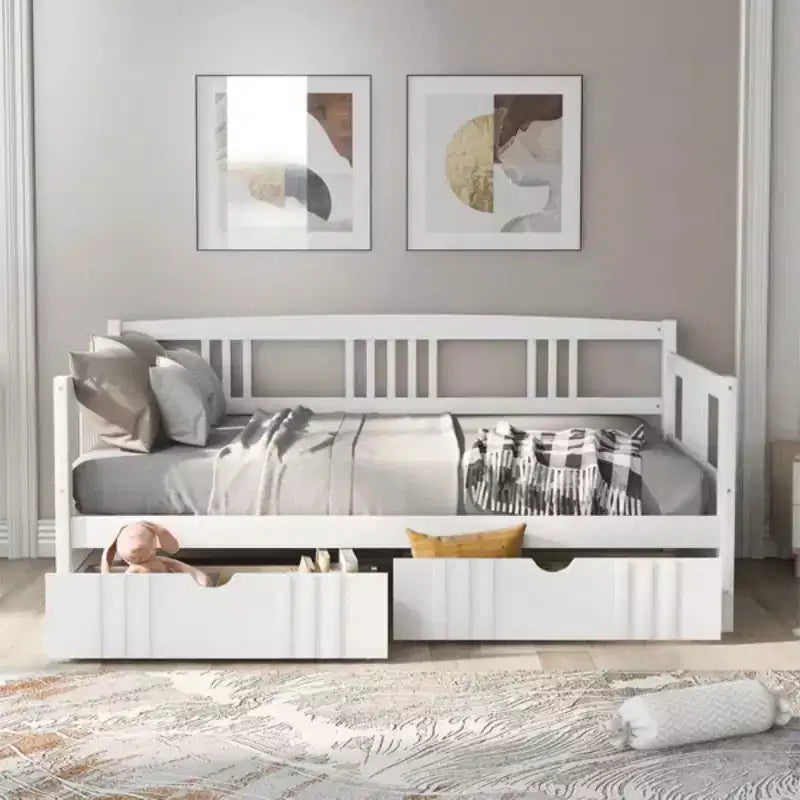 Espresso/Gray/White Full Size Wood Daybed with 2 Drawers, Sofa Bed for 1-2 People