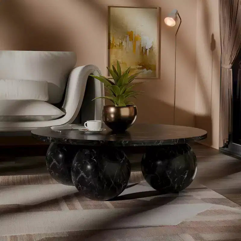 Round Marble Coffee Table with Sphere Legs, Multicolor, Seats 4–6
