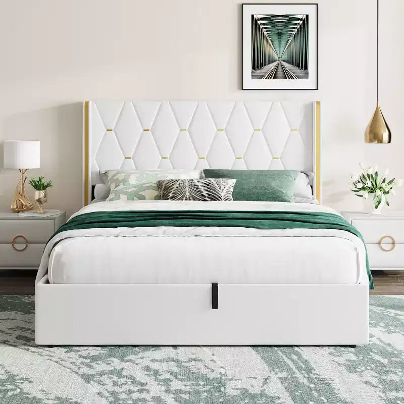 Black / White Wingback Upholstered Storage Bed – Full / Queen, 1 Person