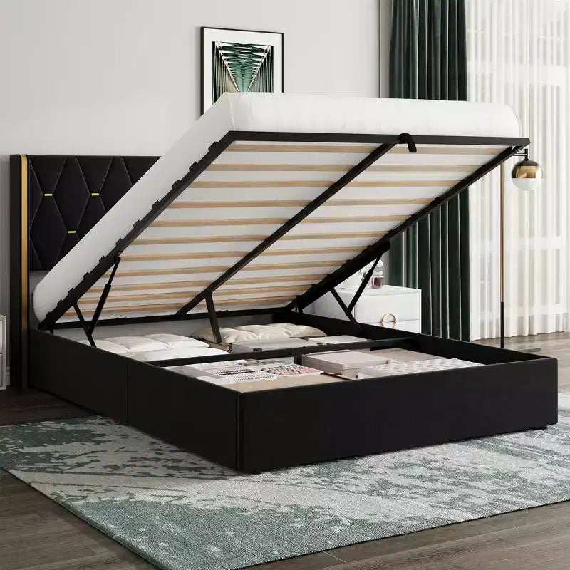 Black / White Wingback Upholstered Storage Bed – Full / Queen, 1 Person