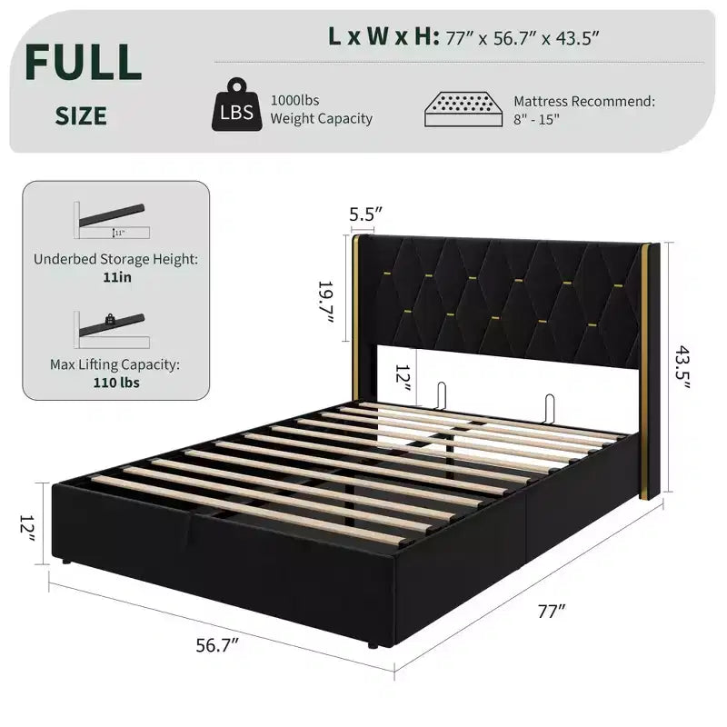 Black / White Wingback Upholstered Storage Bed – Full / Queen, 1 Person
