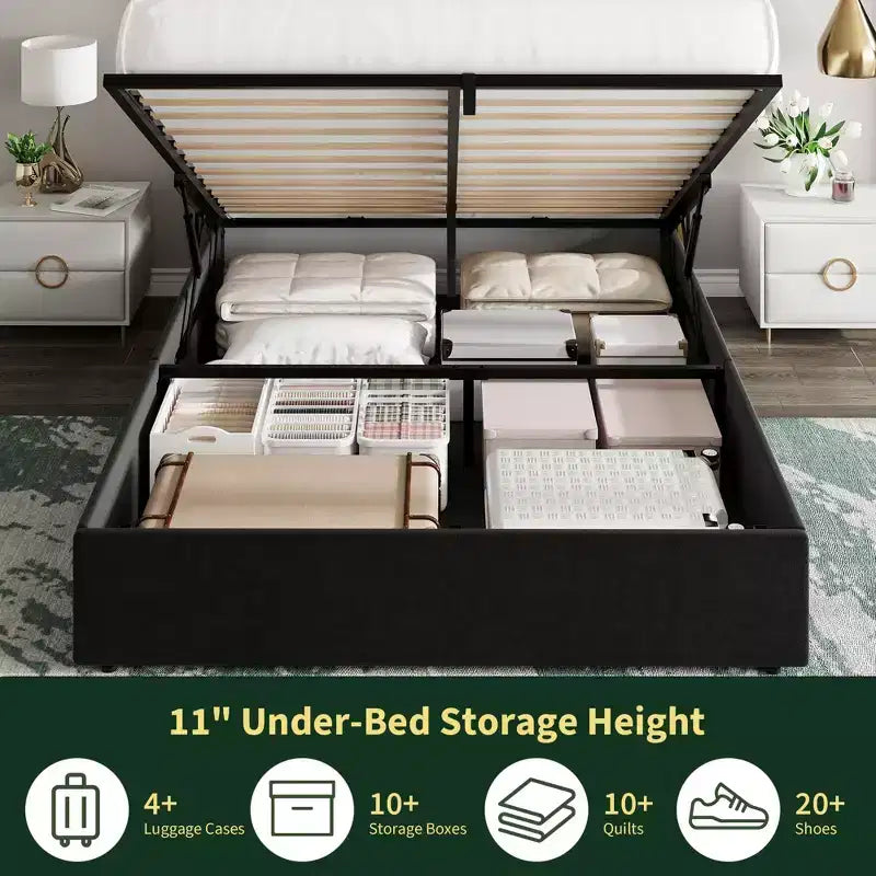 Black / White Wingback Upholstered Storage Bed – Full / Queen, 1 Person