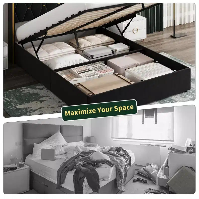 Black / White Wingback Upholstered Storage Bed – Full / Queen, 1 Person