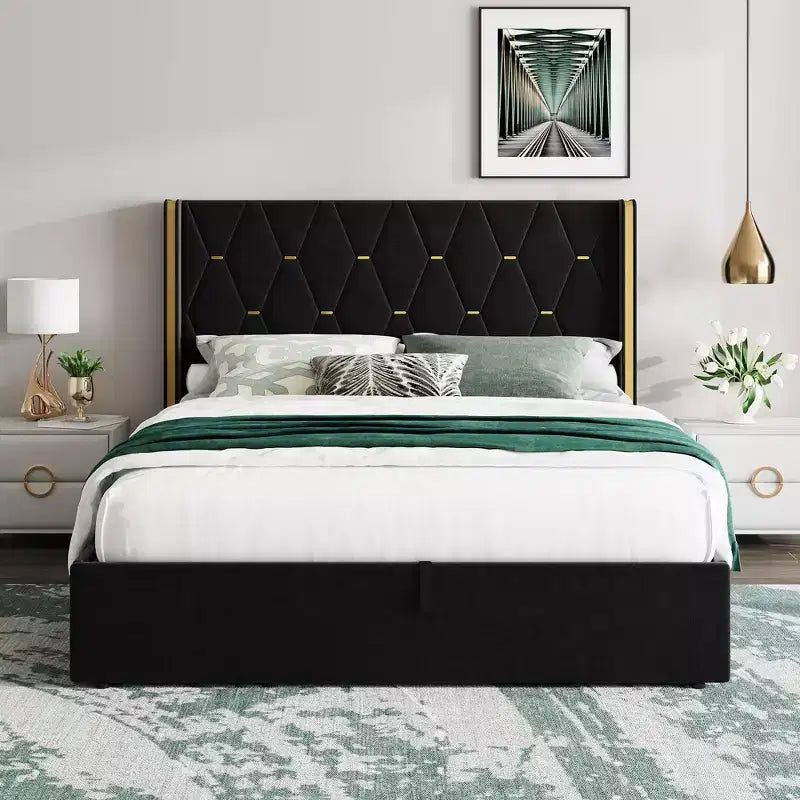 Black / White Wingback Upholstered Storage Bed – Full / Queen, 1 Person