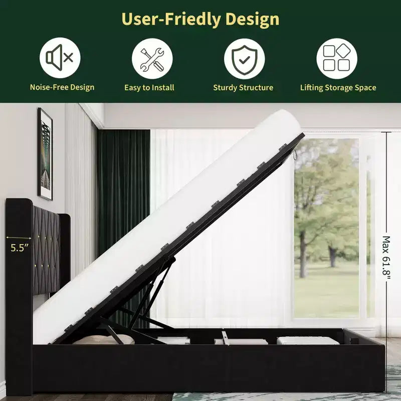 Black / White Wingback Upholstered Storage Bed – Full / Queen, 1 Person