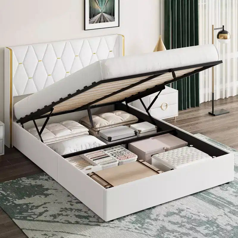 Black / White Wingback Upholstered Storage Bed – Full / Queen, 1 Person