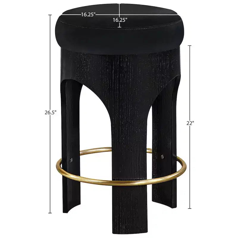 Beige Velvet Counter Stool, Black Wood Frame with Gold Footrest, Seats 1