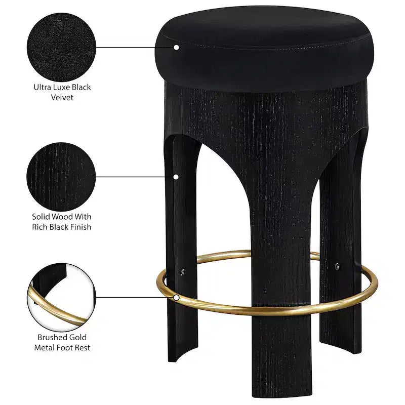 Beige Velvet Counter Stool, Black Wood Frame with Gold Footrest, Seats 1