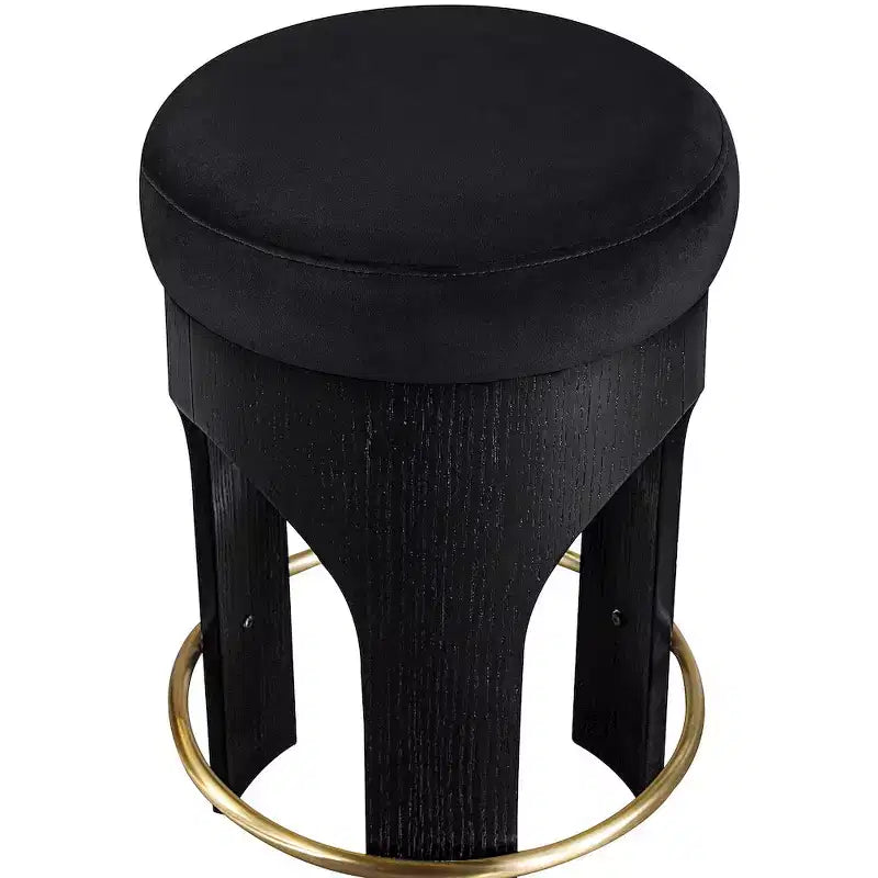 Beige Velvet Counter Stool, Black Wood Frame with Gold Footrest, Seats 1