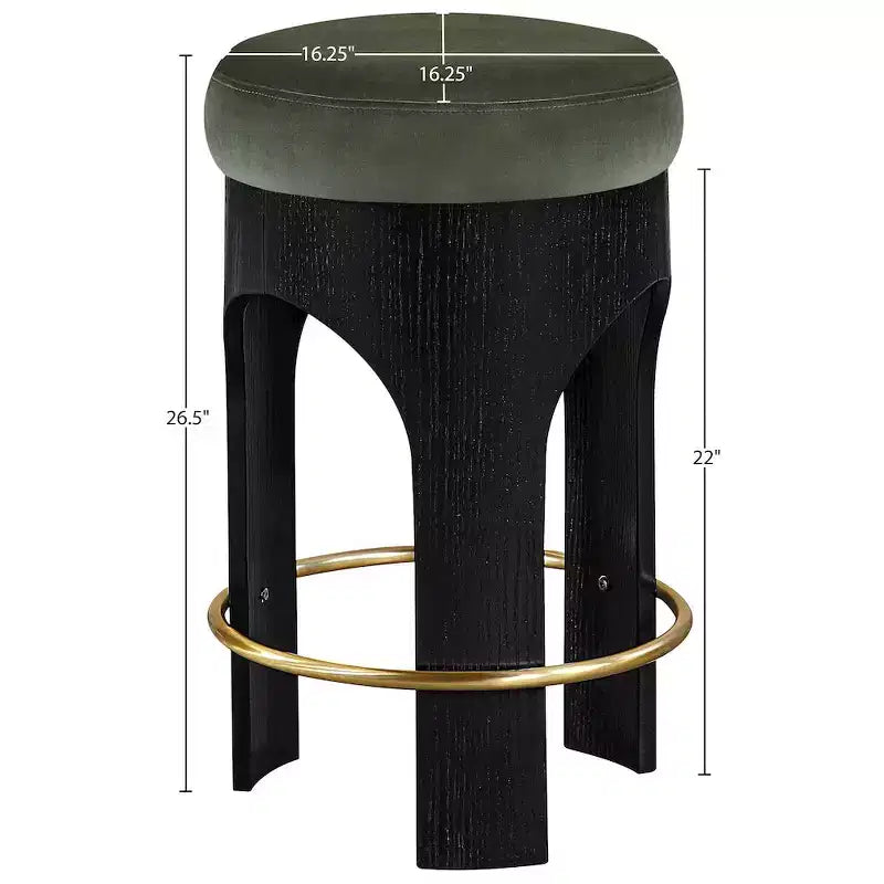 Beige Velvet Counter Stool, Black Wood Frame with Gold Footrest, Seats 1