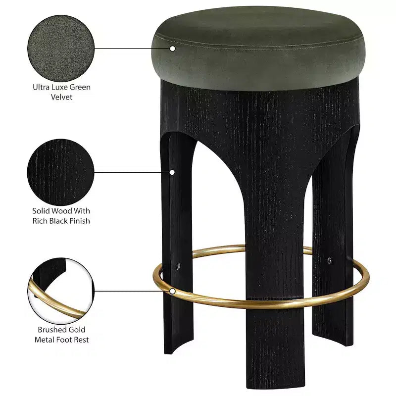 Beige Velvet Counter Stool, Black Wood Frame with Gold Footrest, Seats 1
