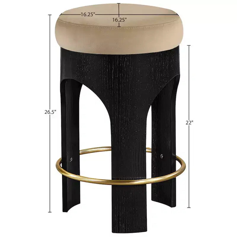 Beige Velvet Counter Stool, Black Wood Frame with Gold Footrest, Seats 1