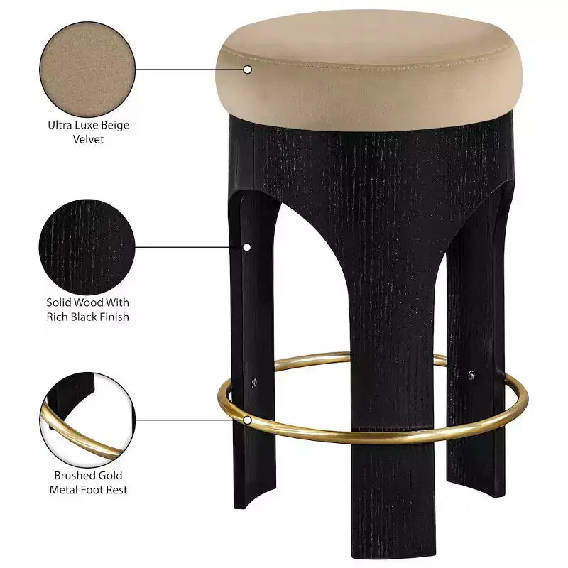 Beige Velvet Counter Stool, Black Wood Frame with Gold Footrest, Seats 1