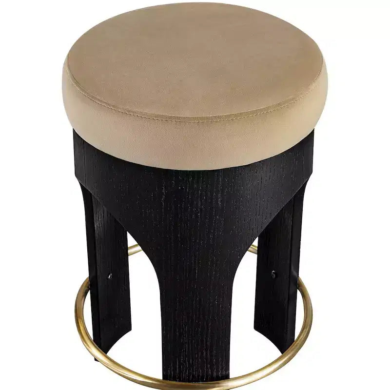 Beige Velvet Counter Stool, Black Wood Frame with Gold Footrest, Seats 1