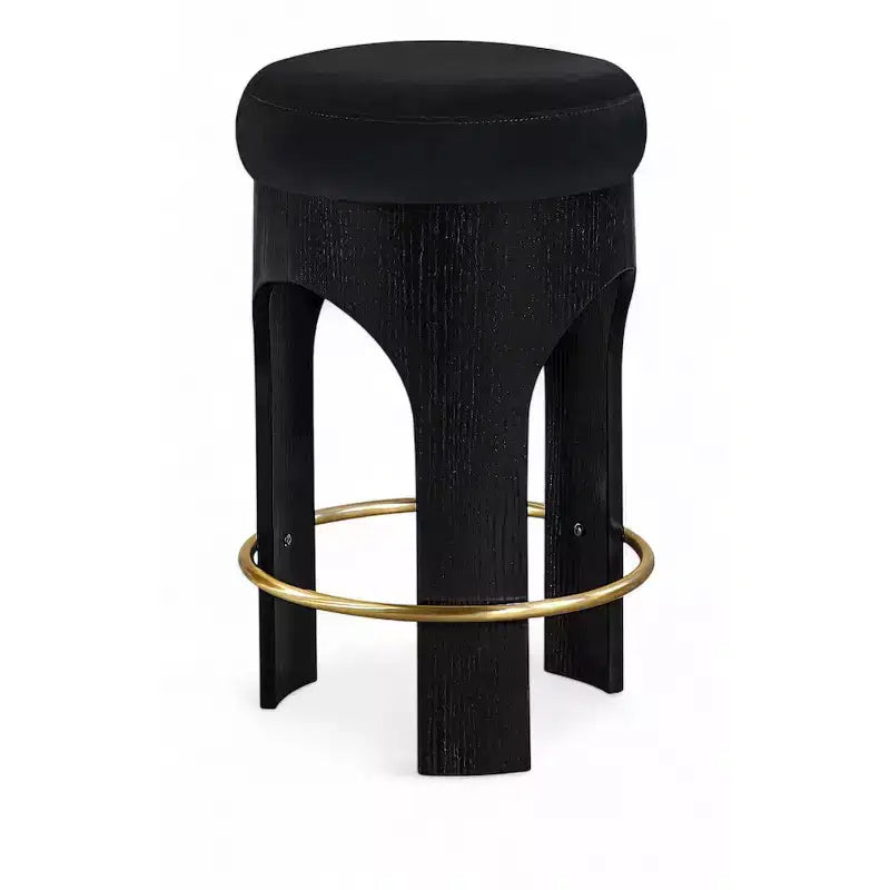 Beige Velvet Counter Stool, Black Wood Frame with Gold Footrest, Seats 1