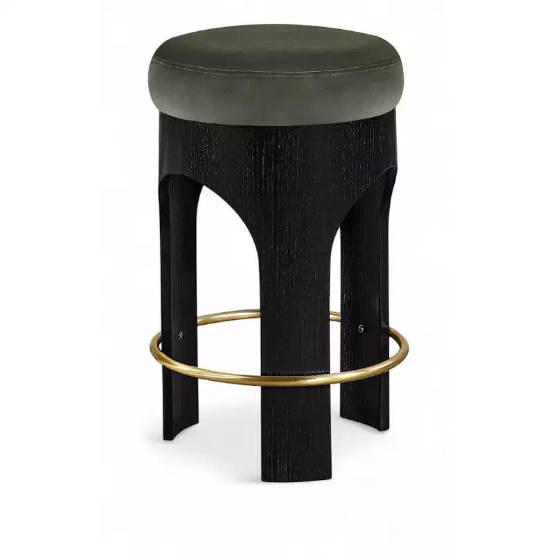 Beige Velvet Counter Stool, Black Wood Frame with Gold Footrest, Seats 1