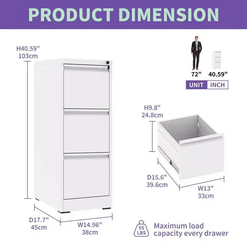 Black/White 3-Drawer Steel Vertical File Cabinet with Lock