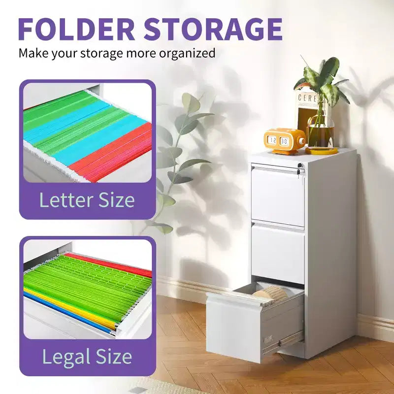 Black/White 3-Drawer Steel Vertical File Cabinet with Lock