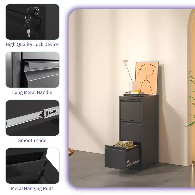 Black/White 3-Drawer Steel Vertical File Cabinet with Lock