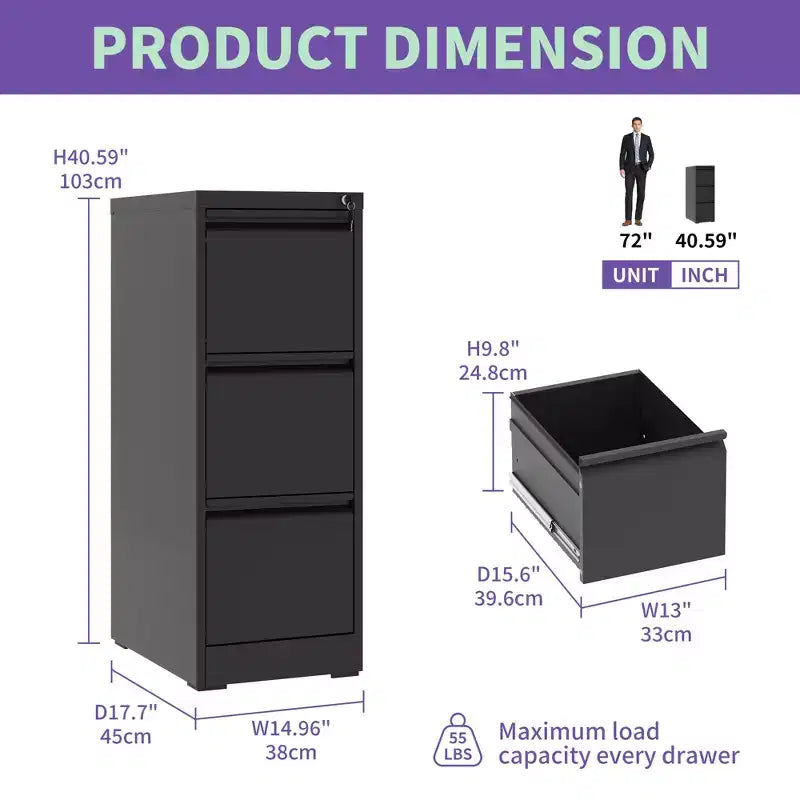 Black/White 3-Drawer Steel Vertical File Cabinet with Lock