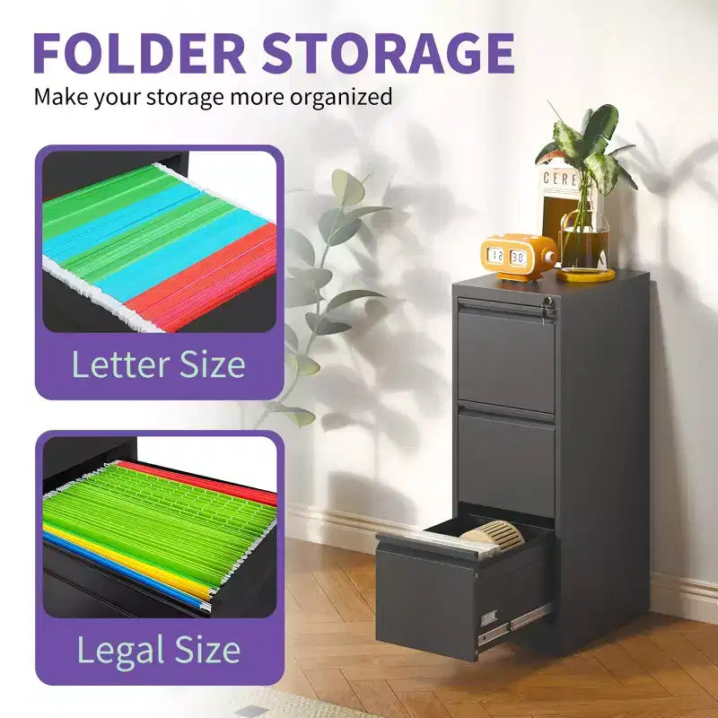 Black/White 3-Drawer Steel Vertical File Cabinet with Lock