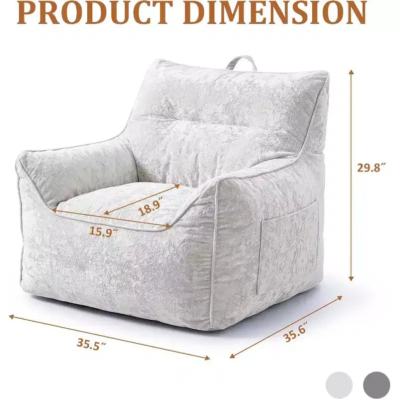 Gray/White Chenille Bean Bag Lounge Chair with Back Support, Single Seat, for Adults & Kids