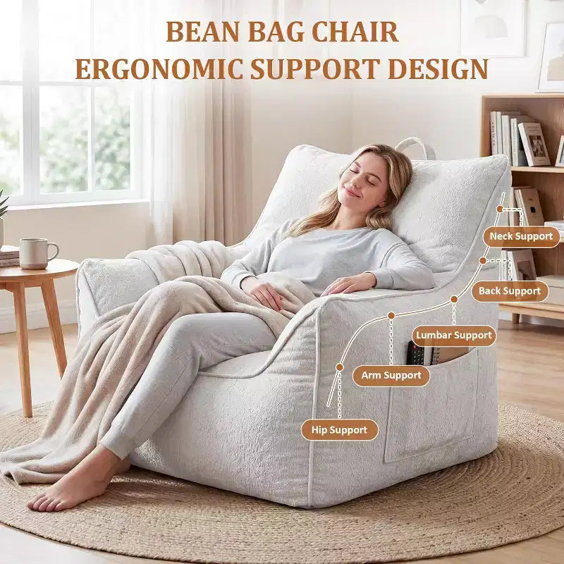 Gray/White Chenille Bean Bag Lounge Chair with Back Support, Single Seat, for Adults & Kids