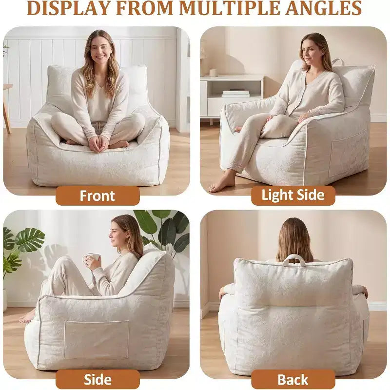Gray/White Chenille Bean Bag Lounge Chair with Back Support, Single Seat, for Adults & Kids