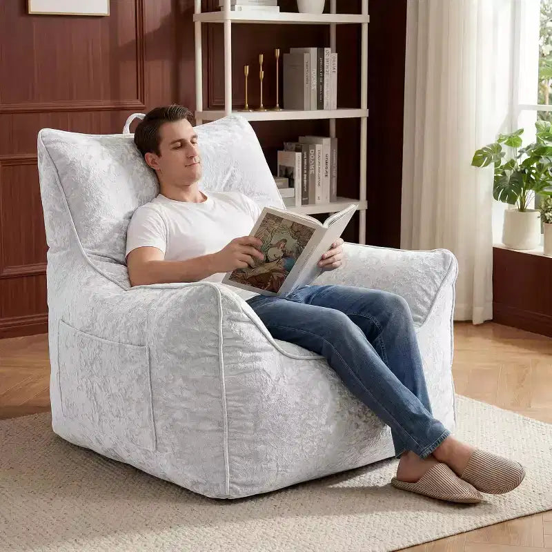 Gray/White Chenille Bean Bag Lounge Chair with Back Support, Single Seat, for Adults & Kids