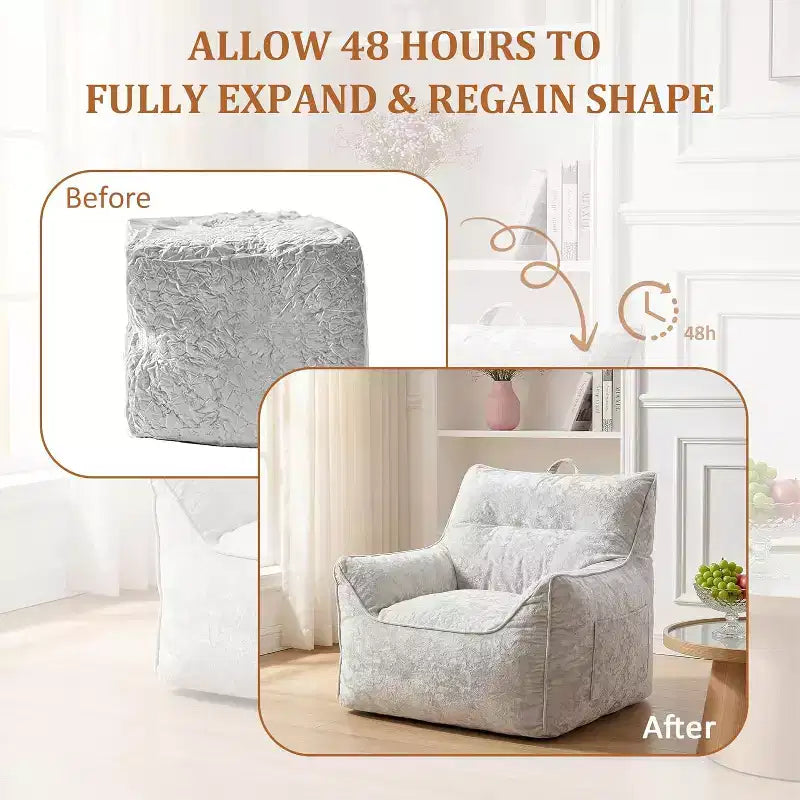 Gray/White Chenille Bean Bag Lounge Chair with Back Support, Single Seat, for Adults & Kids